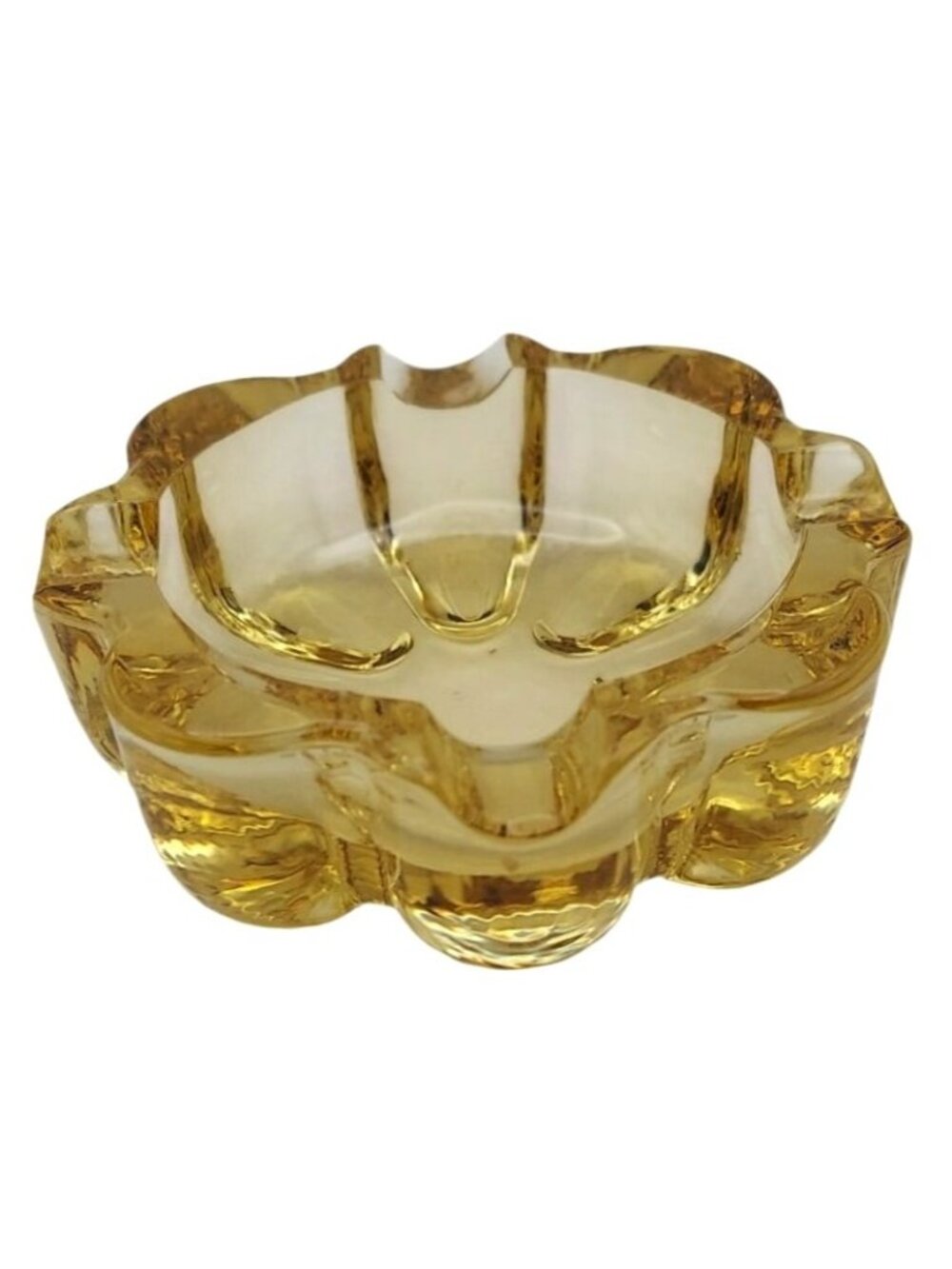 Vintage Fostoria Spool Glass Ashtray Topaz Yellow Daisy Mid-Century Modern